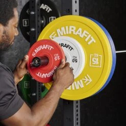 Mirafit Fractional Change Plates -Fitness Promotion Store 2 5kg Mirafit Olympic Change Plate loaded onto Olympic Barbell