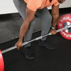 Mirafit Power Bar -Fitness Promotion Store Close Up View Man Gripping Knurling on Mirafit Silver 20kg Power Bar 1