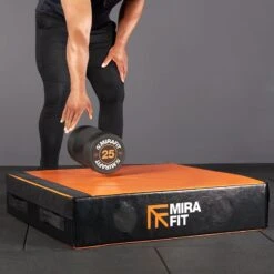 Mirafit Large Square Drop Pad -Fitness Promotion Store Dropping Dumbbell on Mirafit Large Orange Drop Pad 1