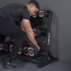 Mirafit Rubber Dumbbell Set & 3 Tier Weight Rack -Fitness Promotion Store Fitness Professional Removing Dumbbells from Black 3 Tier Weight Rack