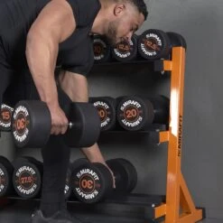 Mirafit Rubber Dumbbell Set & 3 Tier Weight Rack -Fitness Promotion Store Fitness Professional Removing Dumbbells from Orange 3 Tier Weight Rack 1