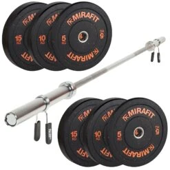 Mirafit Olympic Barbell & Weights Set -Fitness Promotion Store Kit Mirafit 7ft bar 60kg crumb bumper plates