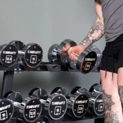 Mirafit Steel Dumbbells -Fitness Promotion Store Lifting Mirafit Steel Dumbbell from storage rack