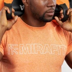 Mirafit Orange Gym T-Shirt -Fitness Promotion Store Man Wearing Mirafit Orange T Shirt Text Detail