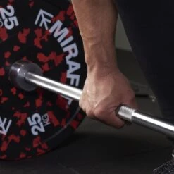Mirafit Behemoth Deadlift Bar -Fitness Promotion Store Man gripping the knurling on a Mirafit Deadlift Bar