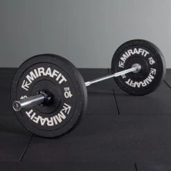 Mirafit M3 Women's 15kg Olympic Barbell -Fitness Promotion Store Mirafit 15kg M3 Barbell and weights sat on gym mats