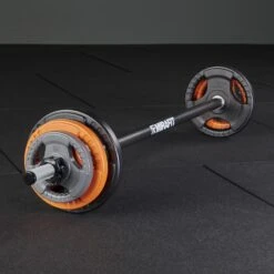 Mirafit 20kg Studio Pump Set - Black/Orange/Grey -Fitness Promotion Store Mirafit 20kg Studio Pump Set Black Orange Grey on Gym Mats