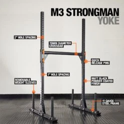Mirafit M3 Strongman Yoke -Fitness Promotion Store Mirafit M3 233cm Black Strongman Yoke Sat on Gym Mats with Features Highlighted 1
