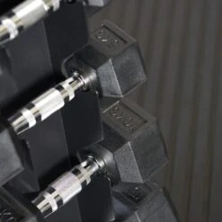 Mirafit 6 Pair Hex Dumbbells + Storage Tree Kit -Fitness Promotion Store Mirafit Six Pair Hex Dumbbells and Black Storage Tree Close Up on Gym Mats