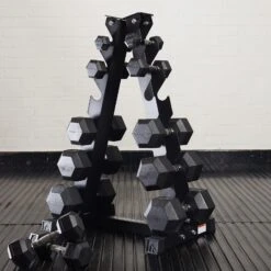 Mirafit 6 Pair Hex Dumbbells + Storage Tree Kit -Fitness Promotion Store Mirafit Six Pair Hex Dumbbells and Black Storage Tree Sat on Gym Mats 1