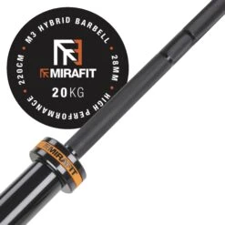 Mirafit M3 7ft 20kg Olympic Barbell - Black 10 Mirafit M3 7ft 20kg Olympic Barbell - Black -Fitness Promotion Store Mirafit black M3 Olympic 20kg barbell with End cap graphic