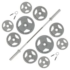 Mirafit 5ft Olympic Weight Bar & 100kg Weights Set -Fitness Promotion Store Overhead View of Mirafit 5ft Olympic Barbell and 100kg Tri Grip Weight Set