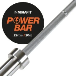 Mirafit Power Bar -Fitness Promotion Store Silver 20kg Power Bar on White Background with End Cap Graphic 1