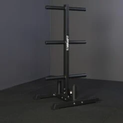 Mirafit Olympic Weight Tree With Bar Stand -Fitness Promotion Store black mirafit olympic weight plate tree and bar stand on mats