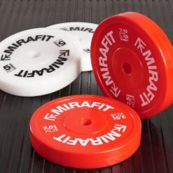 Mirafit Olympic Technique Bumper Plates -Fitness Promotion Store mirafit olympic technique bumper plates sat on mats
