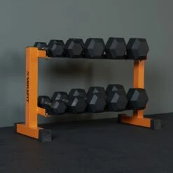 Mirafit Hex Dumbbells With Rack - 5kg To 25kg Set -Fitness Promotion Store orange mirafit 2 tier 250kg dumbbell rack and hex dumbbells in gym