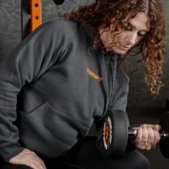 Mirafit Women's Charcoal Gym Hoodie -Fitness Promotion Store woman wearing Mirafit Womens Charcoal Gym Hoodie while bicep curl with dumbbell 7